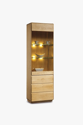 Natúr tölgy egyajtós vitrin üvegpolcokkal, 2 méter magas